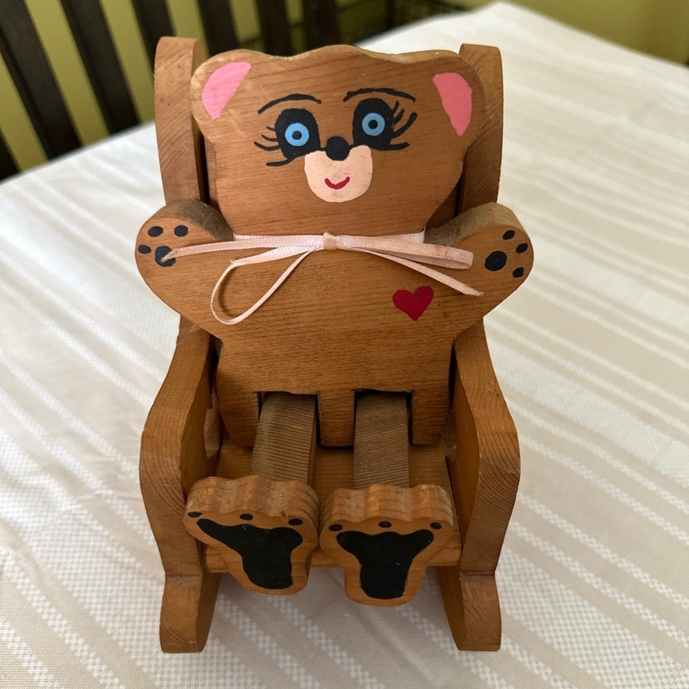 Vintage Hand-Crafted Wooden Bear & Rocking Chair Set